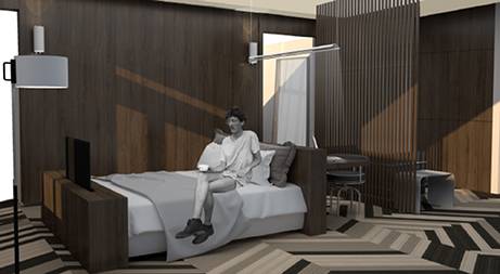 Una habitación moderna con un diseño minimalista y un mobiliario elegante.