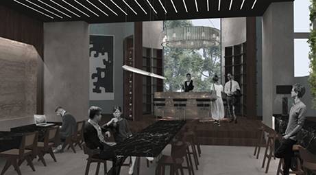 Un elegante espacio interior con un bar, mesas y personas socializando en un ambiente moderno.