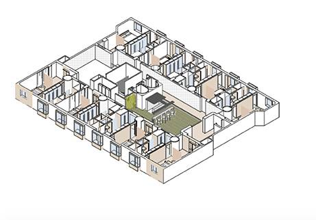 La imagen muestra un plano arquitectónico tridimensional de un espacio interior con varias habitaciones y áreas comunes.