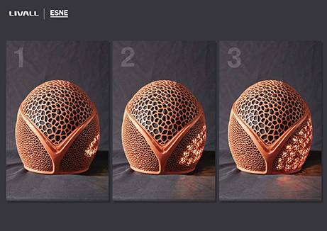 Tres vistas de un objeto decorativo con un diseño de malla hexagonal y efectos de iluminación.