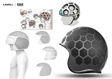 La imagen muestra varios diseños de cascos con un patrón de panal, incluyendo una visualización en 3D y distintas vistas laterales.