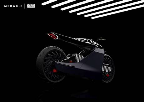 Una motocicleta futurista con un diseño aerodinámico y detalles en negro y rojo.