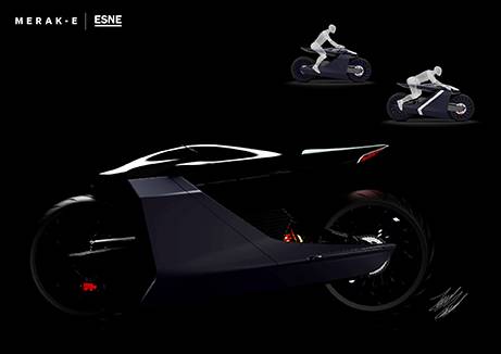 Un diseño futurista de motocicleta eléctrica destaca en un fondo oscuro.