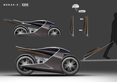 La imagen muestra un diseño conceptual de un vehículo futurista tipo motocicleta con detalles estilizados y componentes desmontables.