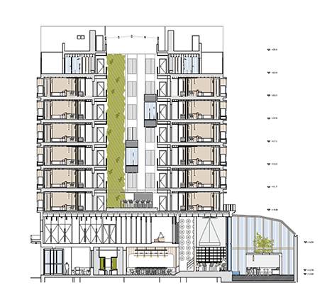 Se muestra un plano arquitectónico de una edificación de varios pisos con áreas comunes y distribución de habitaciones.