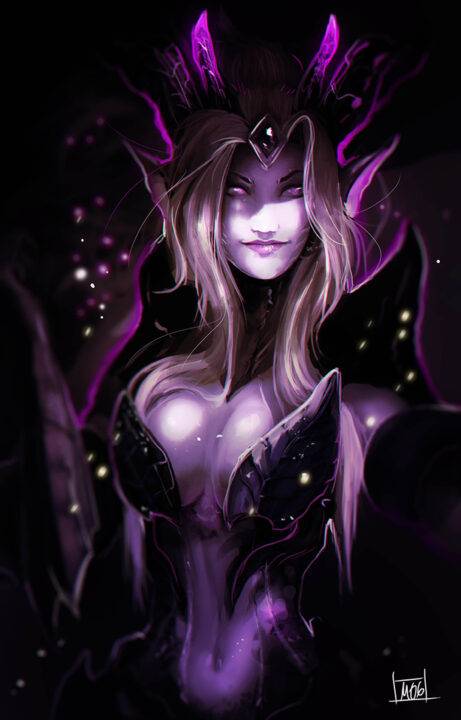 Una figura enigmática con una corona oscura, rodeada de un aura mística y luz morada.