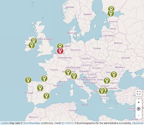 Mapa de Europa con marcadores en varias ciudades y un marcador rojo en Luxemburgo.