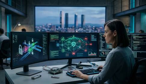 Una mujer trabaja en una estación de trabajo con múltiples pantallas mostrando gráficos y datos tecnológicos en un entorno moderno.