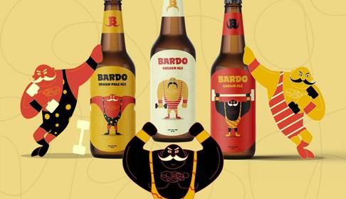 La imagen muestra diversas botellas de cerveza Bardo acompañadas de personajes animados coloridos que hacen ejercicios.