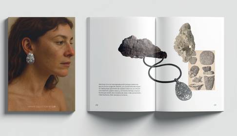 Una mujer con pendientes grandes mira hacia la derecha, mientras un libro abierto exhibe diversas ilustraciones de minerales y joyas.