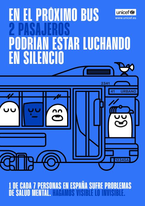 Una advertencia sobre la salud mental en un autobús urbano, destacando que dos pasajeros podrían estar luchando en silencio.