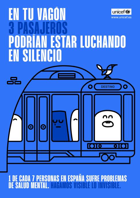 La imagen muestra un tranvía con pasajeros que representan la lucha silenciosa por la salud mental.