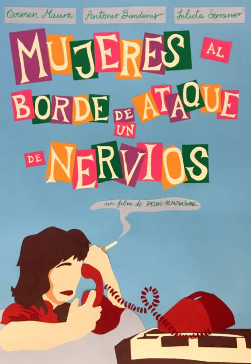 Cartel de la película 'Mujeres al borde de un ataque de nervios' que muestra a una mujer en una situación de estrés al teléfono.