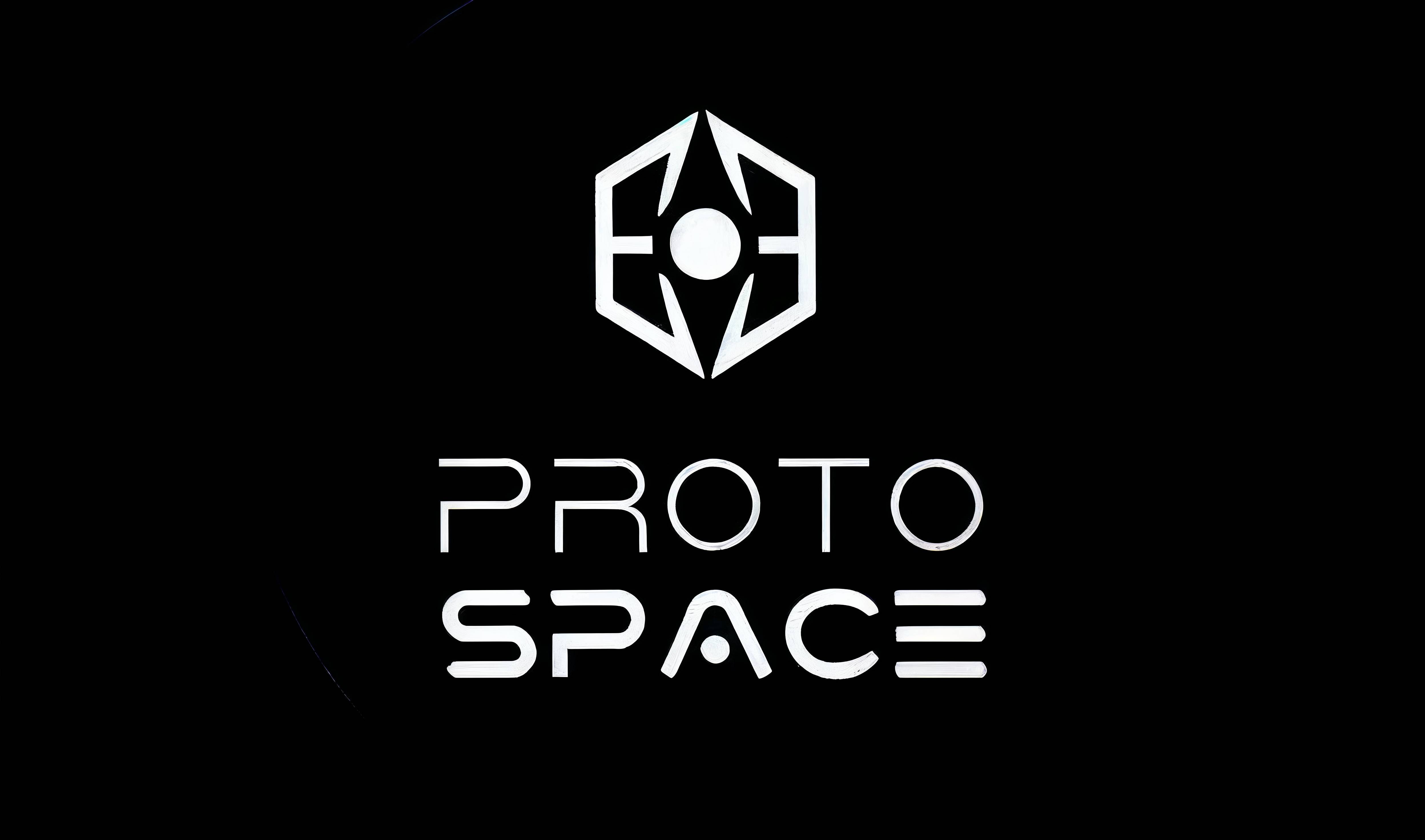 Logotipo de Proto Space en un fondo negro.
