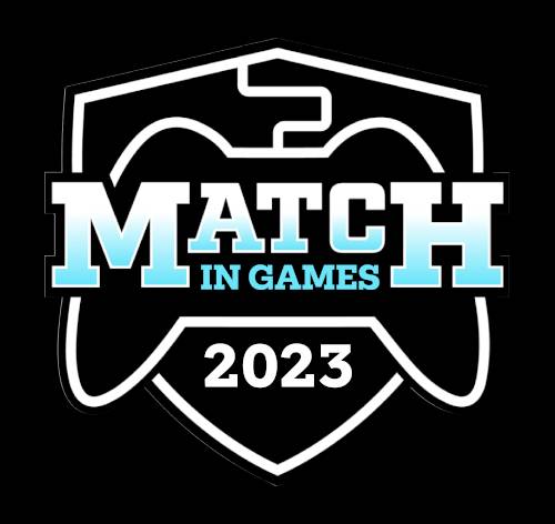 Logotipo del evento Match in Games 2023 que presenta un control de videojuego y un escudo.