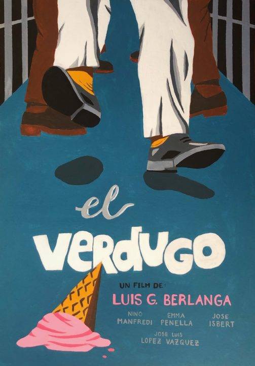 Póster de la película 'El Verdugo' de Luis G. Berlanga que muestra una ilustración estilizada de un helado junto a personajes caminando.
