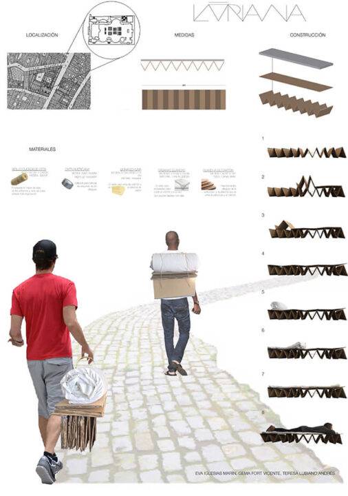 La imagen muestra dos personas caminando por un camino de piedras, una de ellas lleva una carga en las manos y un modelo arquitectónico al fondo.