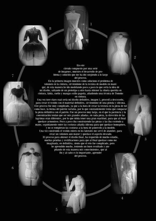 Una serie de maniquíes con una variedad de vestidos que muestran diferentes estilos y cortes en un fondo oscuro.
