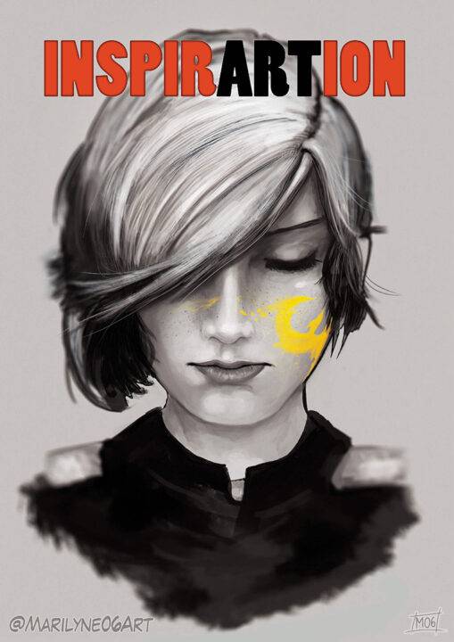 La imagen representa un retrato artístico de una persona con el cabello claro y una expresión serena.