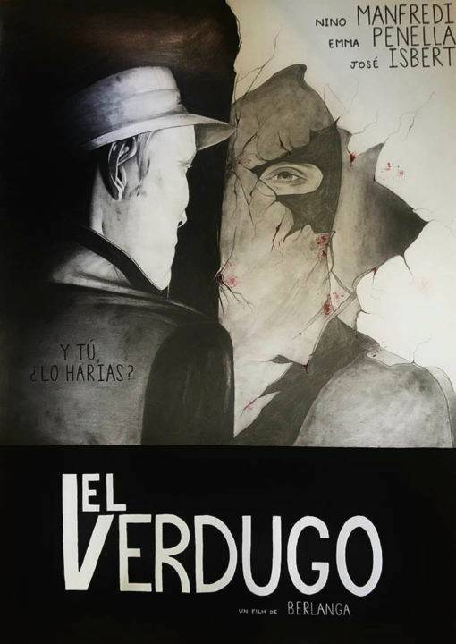 La imagen muestra un cartel de la película 'El Verdugo', con un diseño en blanco y negro que destaca a dos personajes enfrentados.