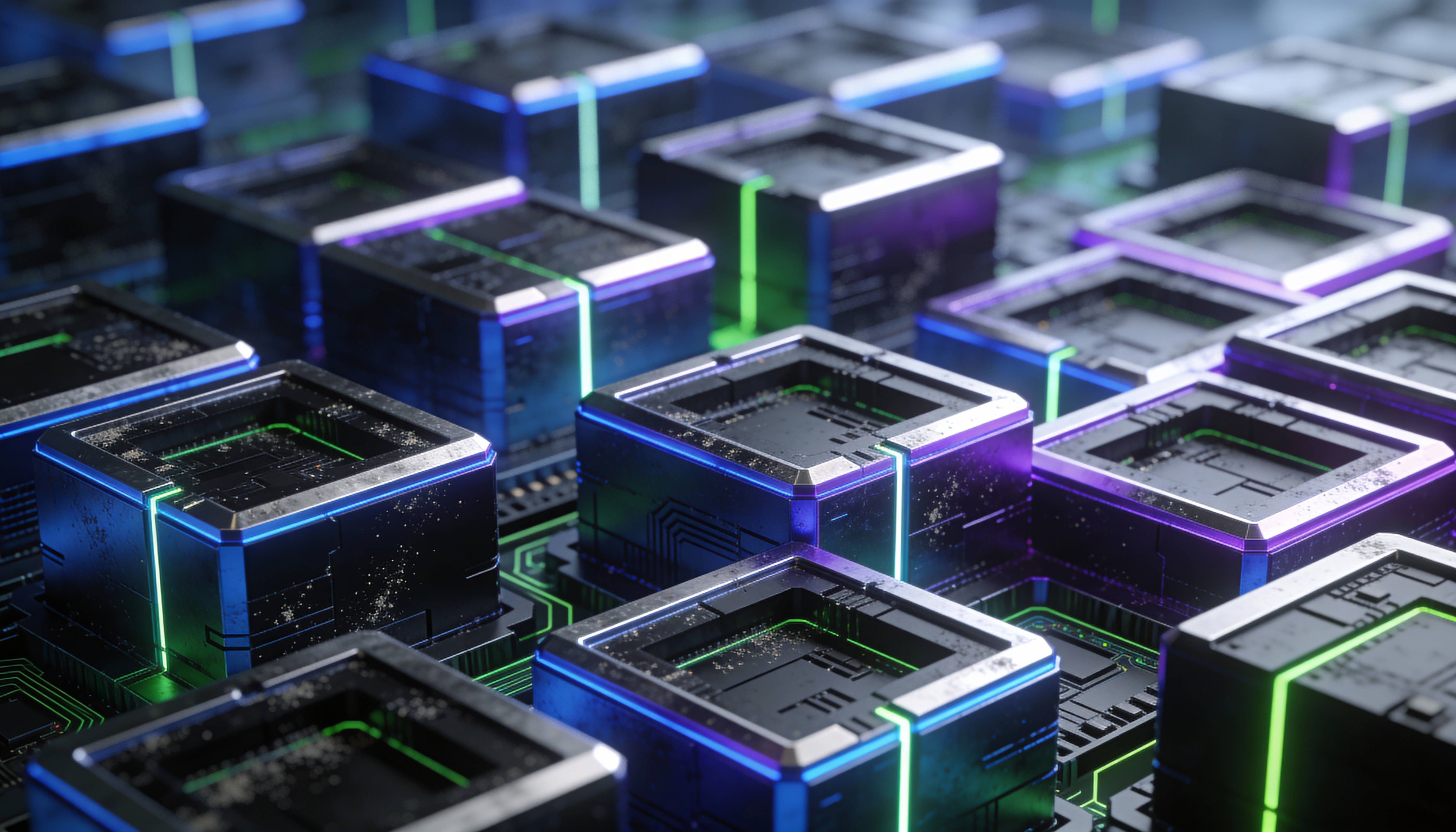 Una serie de circuitos integrados iluminados con luces de colores sobre una placa de circuito.