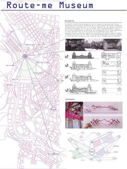 Cartel informativo sobre el museo Route-me que incluye mapas, historias y conceptos arquitectónicos.