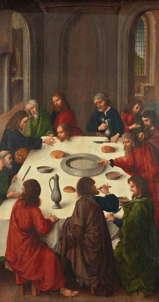 La imagen representa la última cena de Jesús con sus apóstoles en un ambiente religioso y de gran detalle artístico.