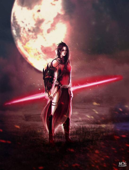 Una guerrera con un sable de luz rojo frente a una gran luna llena.