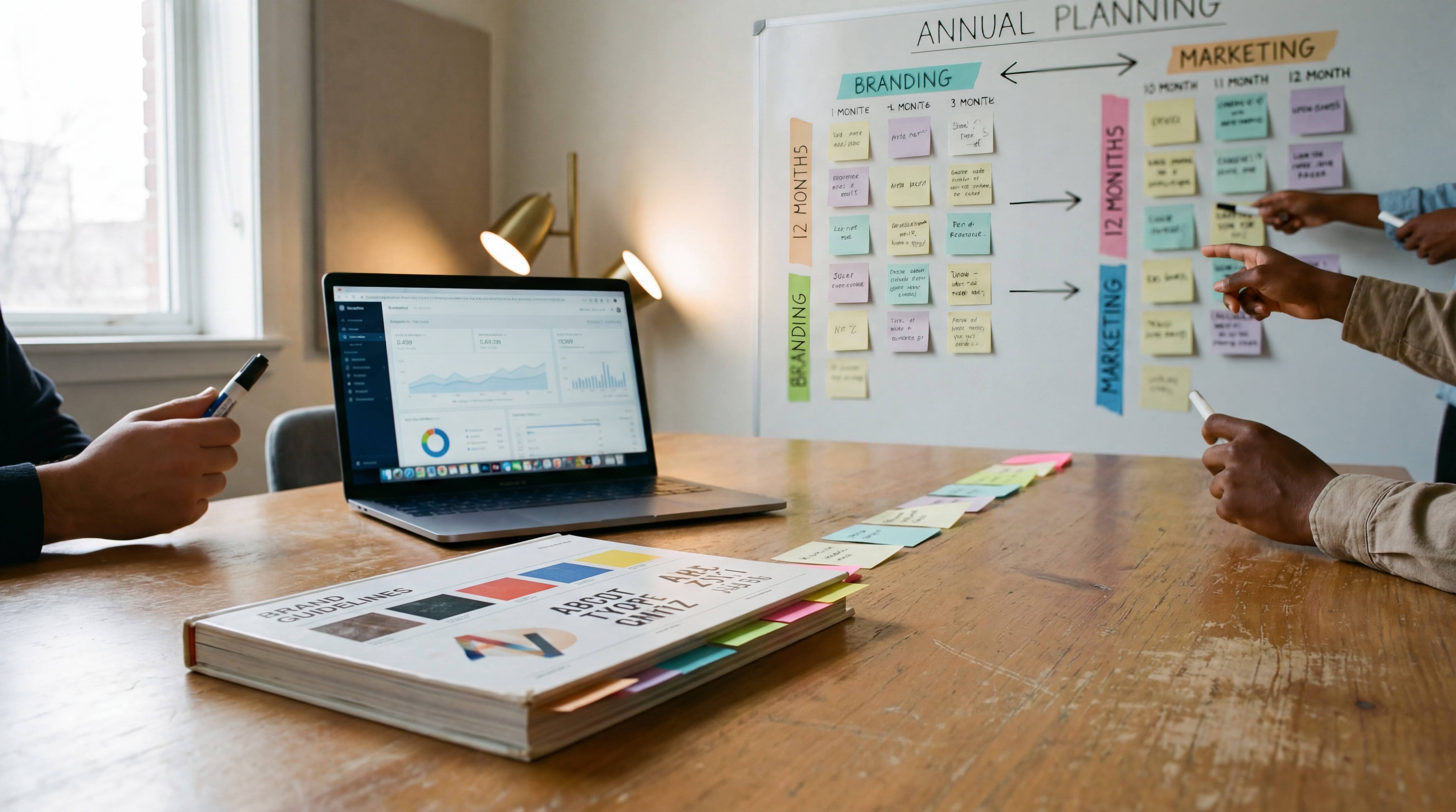 Una reunión de planificación anual en la que se utilizan notas adhesivas para organizar ideas de marketing y branding.