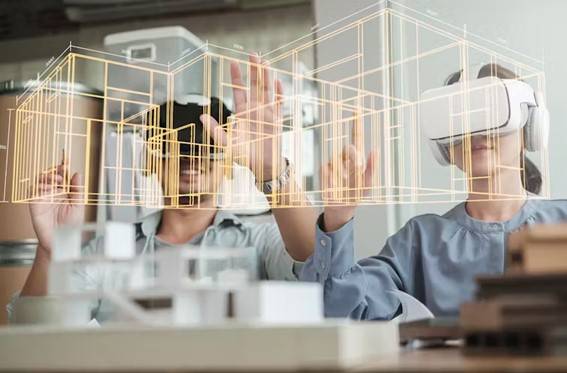 Dos personas utilizan gafas de realidad virtual para interactuar con un modelo arquitectónico en 3D.