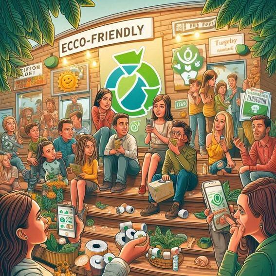 Un grupo diverso de personas se reúne en un ambiente ecológico, sosteniendo dispositivos móviles y rodeados de elementos naturales.