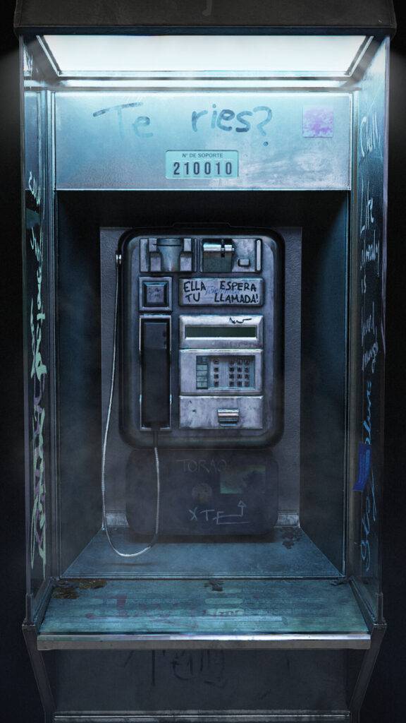 Una cabina telefónica antigua con graffiti en sus paredes y un mensaje en la parte superior.