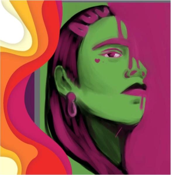 Una pintura digital de un rostro femenino con tonos verdes y morados, destacando un estilo artístico vibrante.