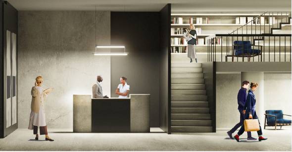 Una recepción moderna en un entorno arquitectónico con personas interactuando entre sí.