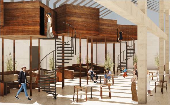 El diseño arquitectónico presenta un espacio moderno con escaleras de caracol y áreas de descanso en un ambiente luminoso.