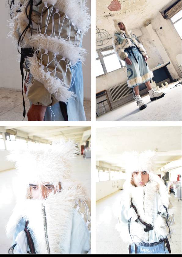 Un modelo con un atuendo creativo y original en un ambiente industrial.