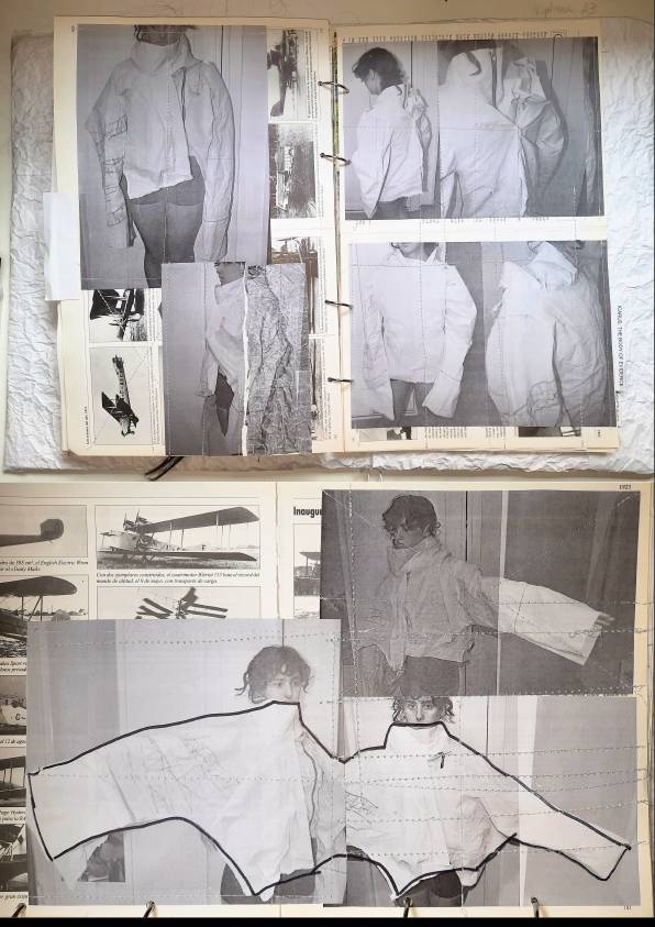Una serie de fotografías en blanco y negro mostradas en un álbum que documentan la confección de prendas de vestir.