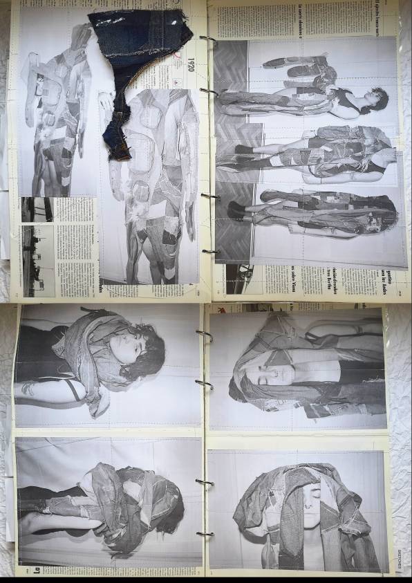 La imagen muestra una serie de fotografías en blanco y negro de modelos con ropa de denim sobre páginas de un libro o revista.