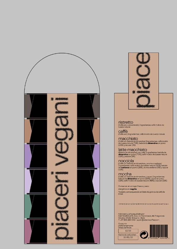 La imagen muestra una caja de cápsulas de café vegano con diferentes variedades etiquetadas.