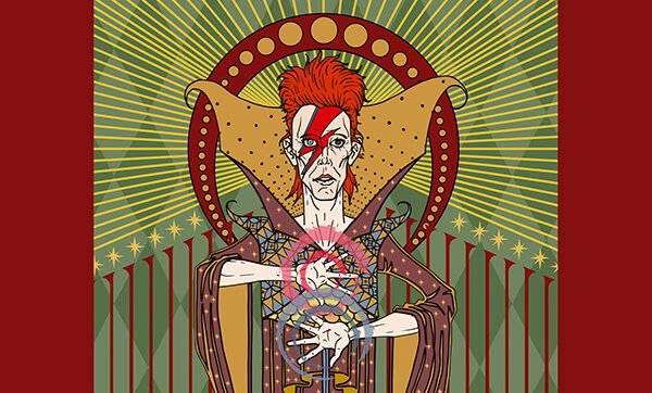 Ilustración colorida de un personaje con cabello rojo y maquillaje distintivo, rodeado de motivos artísticos y simbólicos.