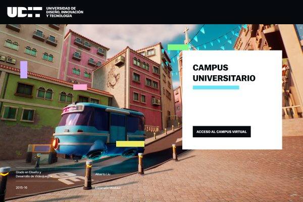 Una representación gráfica de un campus universitario moderno con un vehículo y edificios coloridos.