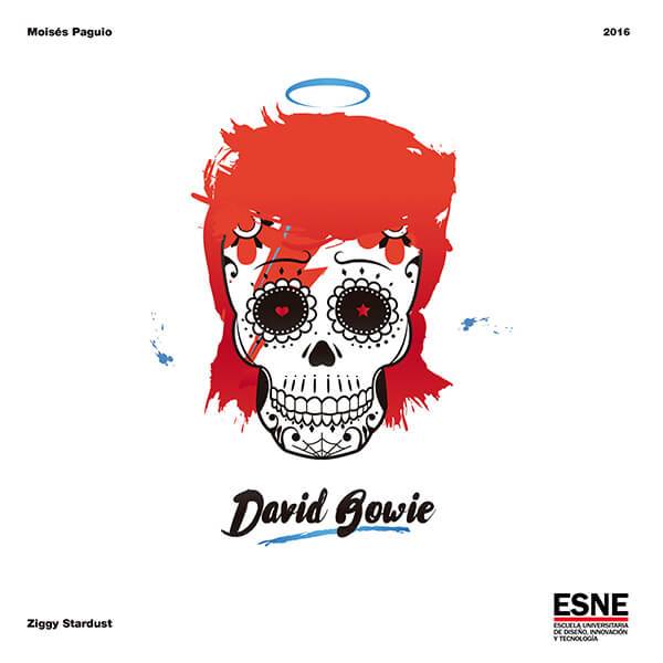 Ilustración de una calavera con elementos de la cultura pop representando a David Bowie.
