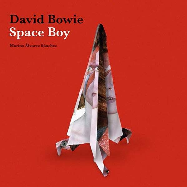 Una ilustración artística que representa un cohete con elementos visuales de un rostro humano sobre un fondo rojo.