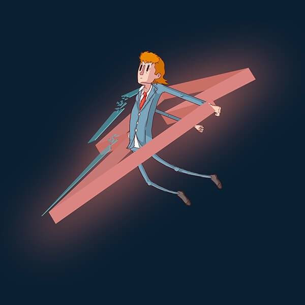 Un personaje animado avecina en un fondo oscuro sosteniendo una regla en forma de flecha mientras vuela.