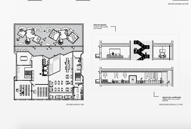 Este plano arquitectónico muestra la distribución de un espacio interior con áreas de trabajo y descanso.