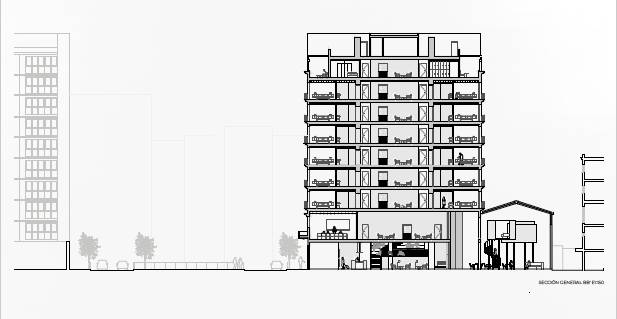 Se presenta un dibujo arquitectónico de un edificio de varios pisos con secciones interiores y un edificio adyacente.