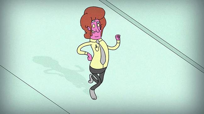 Un personaje animado con cabello rizado y un traje amarillo camina de manera alegre.