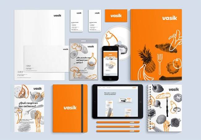 La imagen muestra una colección de material de branding y papelería de la marca Vasik.
