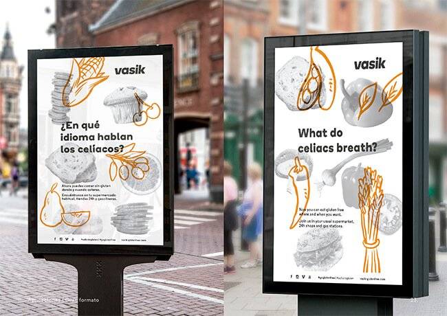 Un panel publicitario que presenta dos preguntas sobre el lenguaje de los celiacos, rodeado de ilustraciones de alimentos.