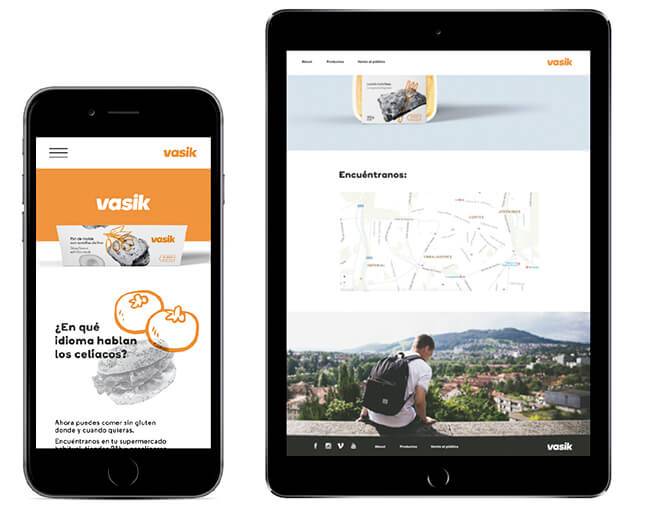 La imagen muestra un diseño web de la página de un negocio llamado Vasik, enfocada en productos sin gluten.